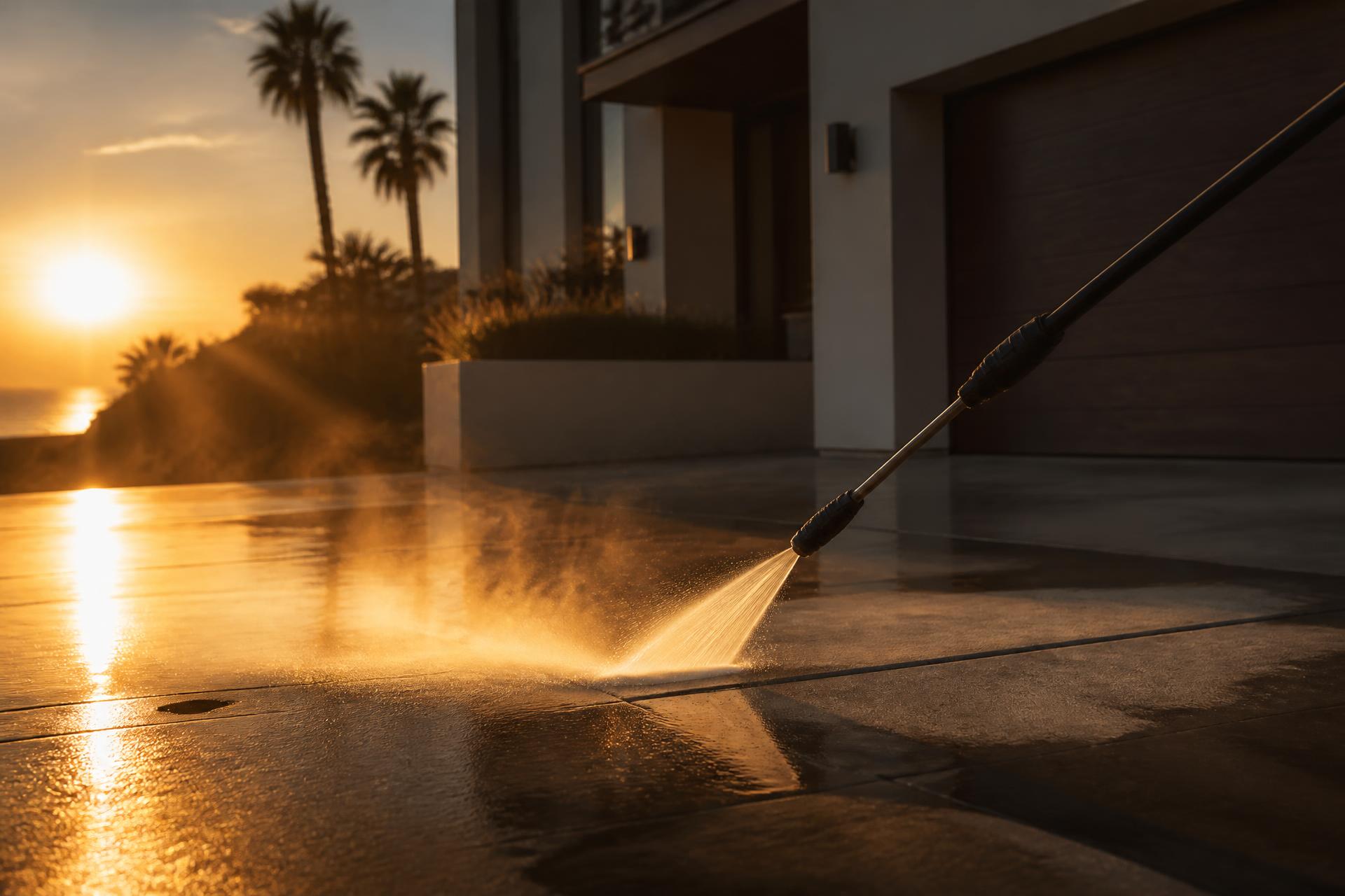 Pressure washing a driveway at a modern Central Valley home at sunset